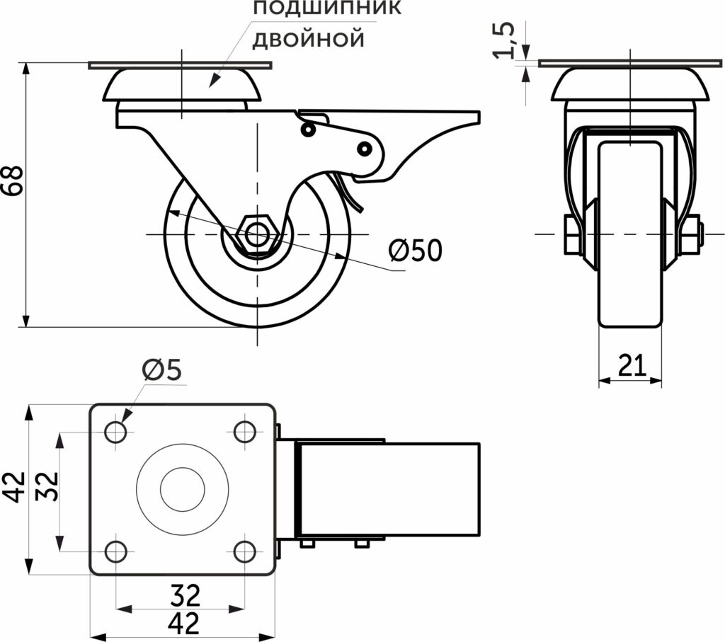 Колесо меб. c рез.ободом d50 h67 с площадкой с торм., серый AKS
