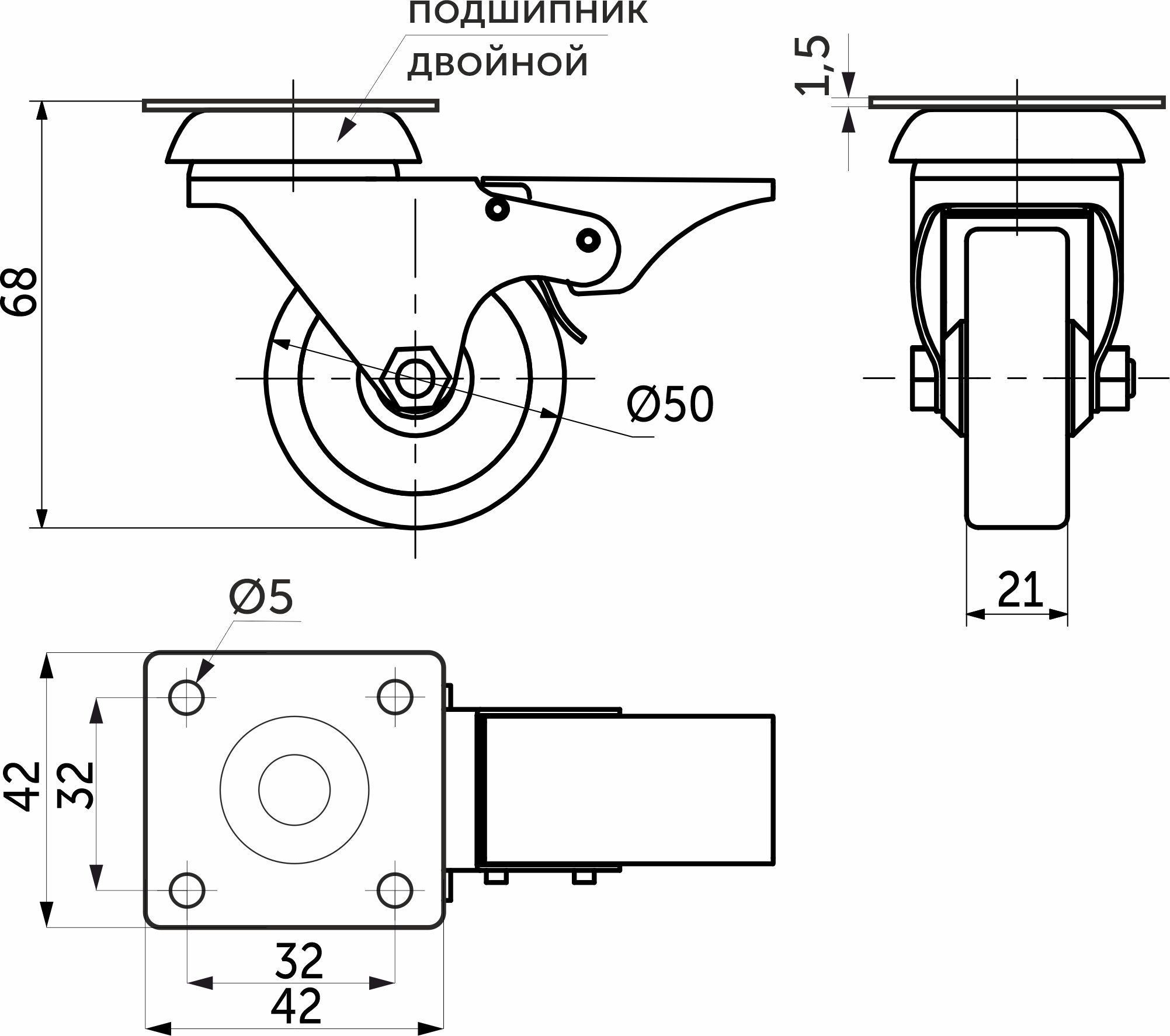 Колесо меб. c рез.ободом d50 h67 с площадкой с торм., серый AKS - изображение 2