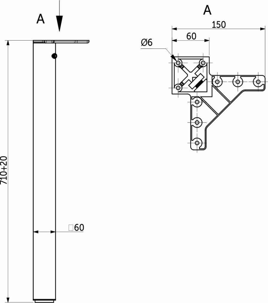 Furniture support square 60*60 h710, black AKS