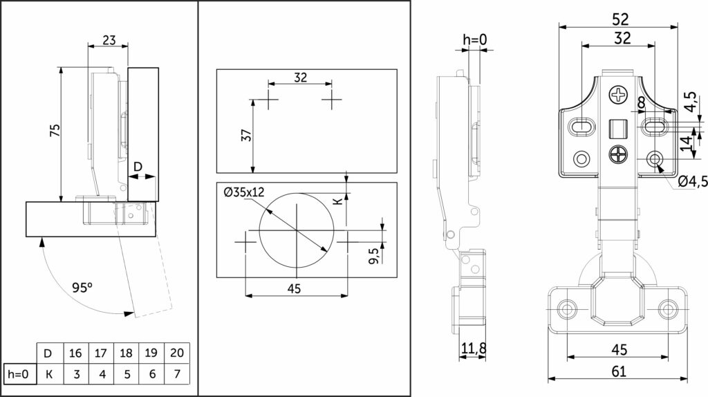 Overhead hinge with closer 45mm h0 clip-on PRIME by AKS (screws, plugs) for facades up to 28mm (pack = 2 pcs.)