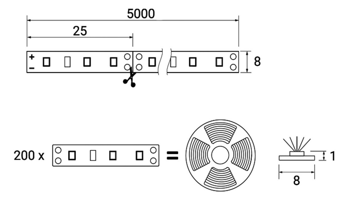 შუქ-დიოდური ლენტი - 9.6W/m, 12V, 8მმ, 2835, 120 დ/მ, IP20, ნეიტრალური თეთრი (4000K), CRI>80, 1100 Lm, 5მ, AKS - Image 2