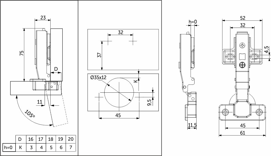 Overhead hinge with closer 45mm h0 clip-on PRIME by AKS (screws, plugs) (pack = 2 pcs.) - Image 2