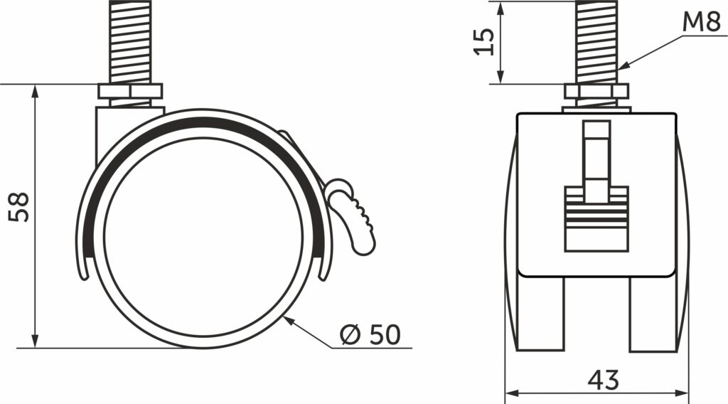 Furniture wheel plast. d50 with M8 screw with brake, black AKS