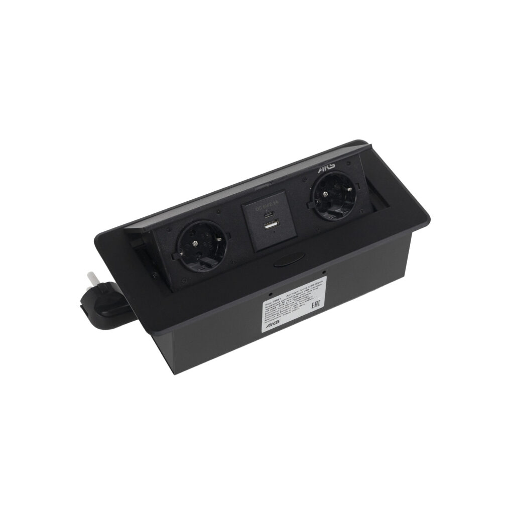 Выдвижной удлинитель Nova USB, 2 розетки, USB A + USB C, черный, AKS