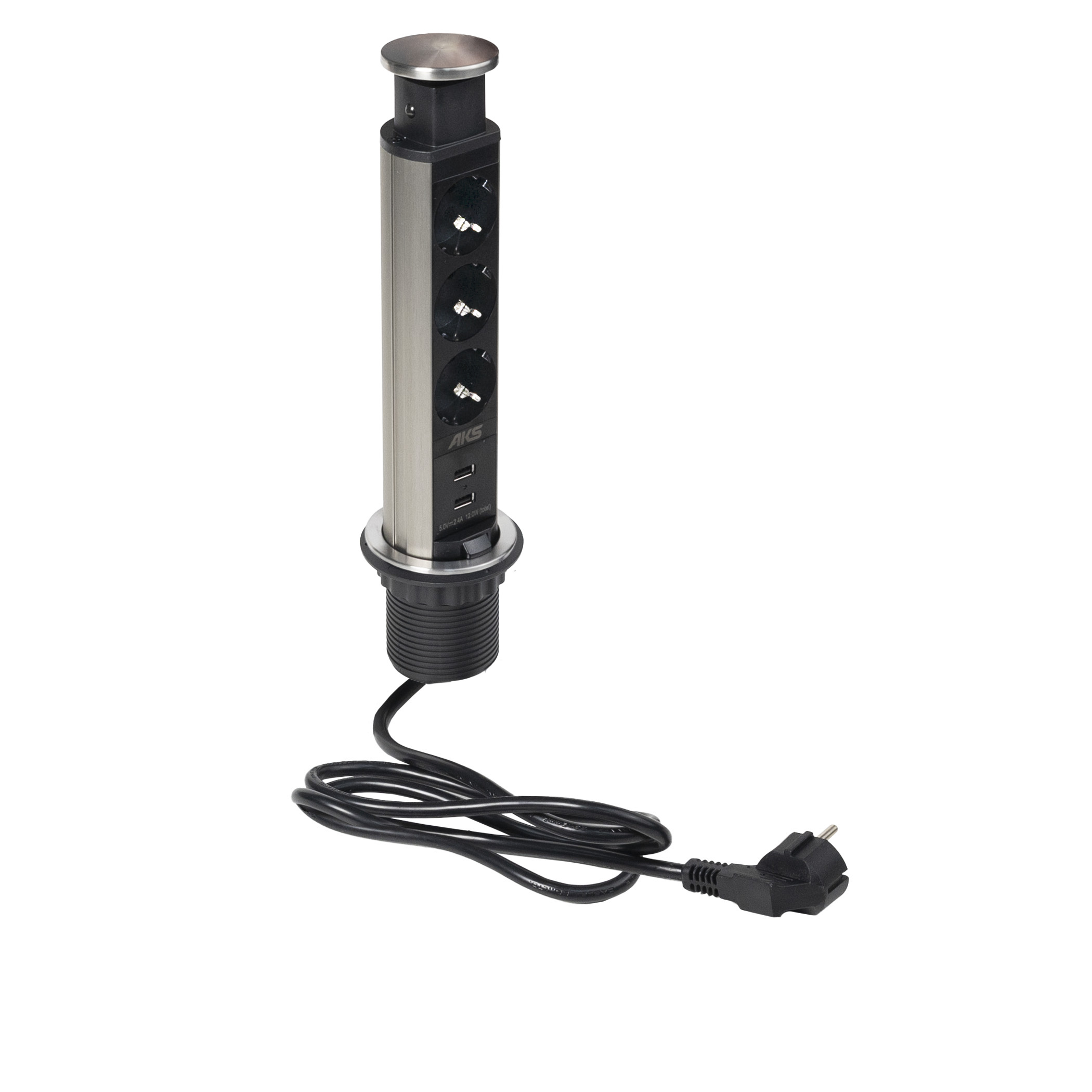 გამოსაწევი გამანაწილებელი Vulcan USB, 60 мм, 3 საკონტაქტო ბუდე 2xUSB A, მეტალის ხუფი, გაპრიალებული ფოლადი,, AKS - Image 1