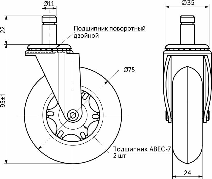 Колесо меб. SKATE d75 со штоком, черный PRIME by AKS