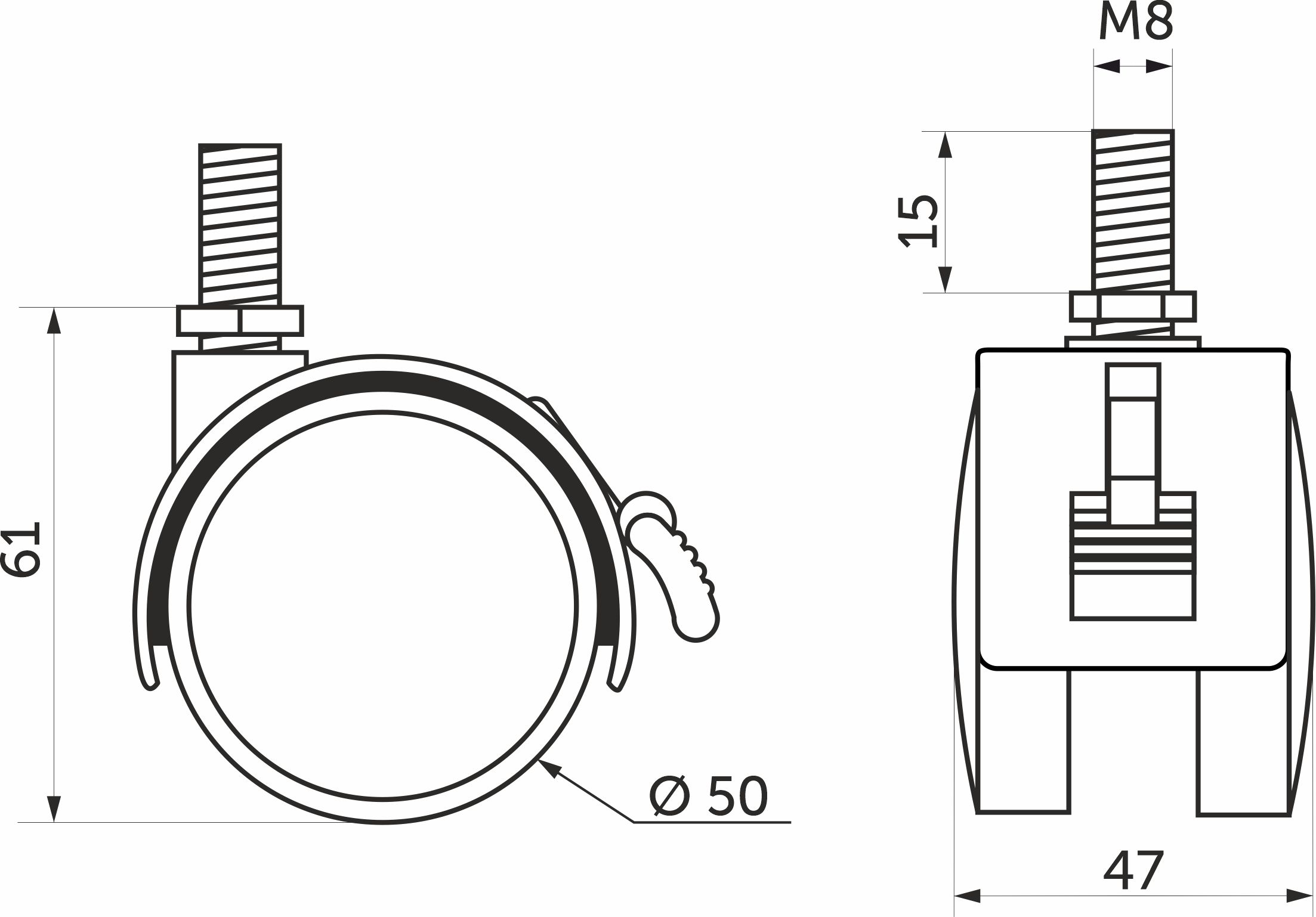 Furniture wheel plast. FURNI d50 with M8 screw with brake, black/gray AKS - Image 2