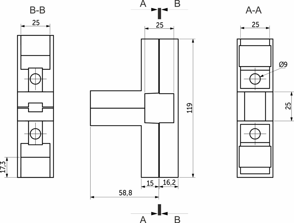 4-pipe corner connector for square. pipes 25*25 QUADRO, black AKS