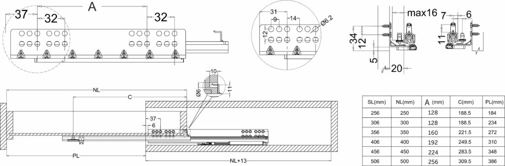 Направляющая скрытого монтажа L-500 с доводчиком ДСП до16mm насадной монтаж AKS QType 3/4