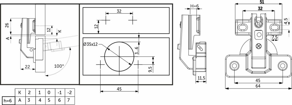 Hinge for false panel 90° with closer 45mm h6 fixed strip AKS short arm