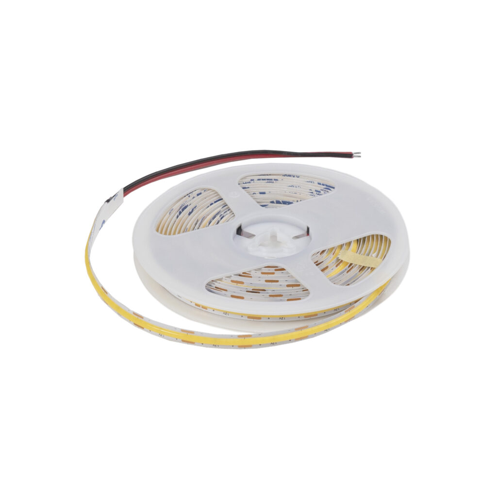 შუქ-დიოდური ლენტი COB - 9.8W/m, 12V, 8მმ, 320 დ/მ, IP20, თბილი თეთრი (3000K), CRI>90, 1000 Lm, 5მ, AKS